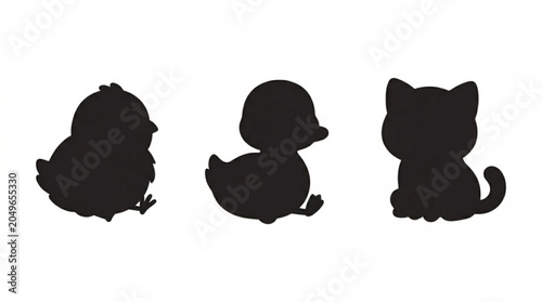 Set of cute baby animal silhouettes including a fluffy chick, small duckling, and adorable kitten