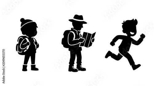Set of Black Silhouettes of People Hiking and Traveling with Backpacks and Map for Outdoor Adventure