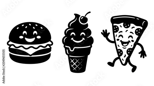 Happy Cartoon Fast Food Icons Collection Featuring Smiling Hamburger Ice Cream Cone and Running Pizza Slice Character Illustrations