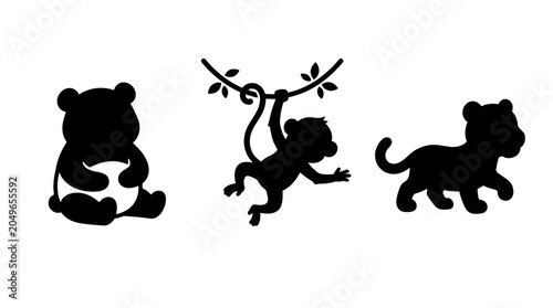 Silhouettes of cute baby wild animals featuring a sitting panda, a hanging monkey, and a walking tiger cub
