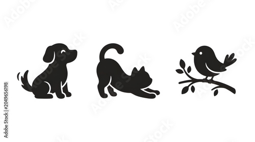 Minimalist animal silhouettes set featuring a cute puppy, a playful kitten, and a small bird perched on a branch