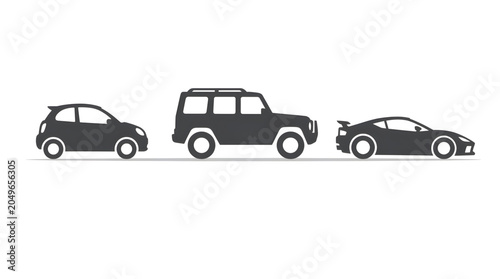 Set of three different stylized vehicle silhouettes featuring a small hatchback a sturdy off road suv and a sleek sports coupe for automotive design