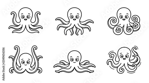 Set of adorable cartoon octopus line art icons with friendly expressions and curled tentacles for nautical themed designs and creative projects