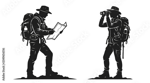 Silhouette Illustrations of a Couple Hiking Exploring with a Map and Binoculars for Outdoor Adventure Design