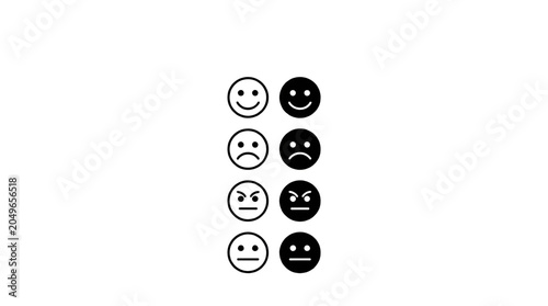 Minimalist black and white emoticon icons representing happy sad angry and neutral faces