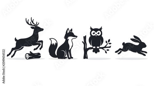 Set of woodland animal silhouettes featuring a jumping deer fox sitting on the ground wise owl on a branch and a running rabbit isolated on white
