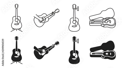 Essential Collection of Acoustic Guitar Vector Icons and Symbols, Showcasing the Versatility of String Instruments on Stands, Being Played, and Securely Stored in Cases for Musical Design Projects