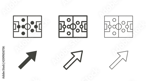 Set of soccer field strategy icons and diagonal upward arrow symbols for professional athletic sports coaching and business growth planning vector