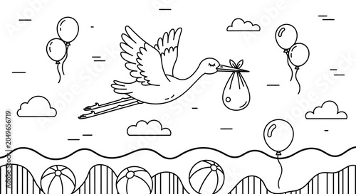 Stork carrying a baby bundle in the sky with balloons and beach balls