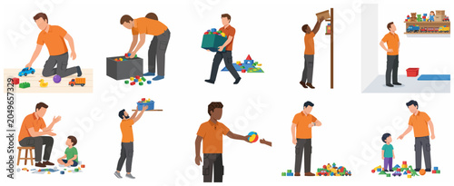Foto Flat vector illustration set of a man cleaning up messy toys and interacting wit