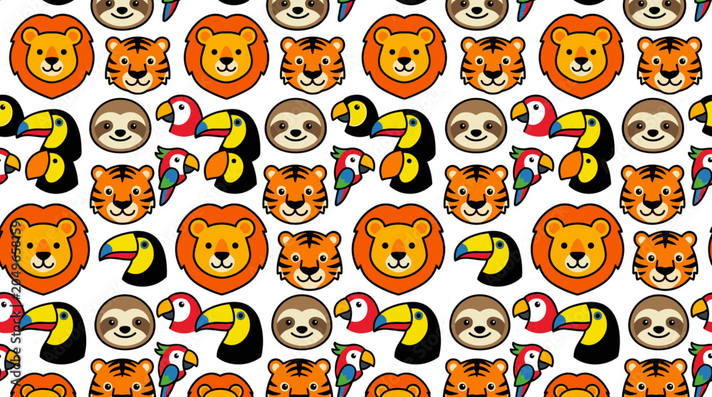 Fototapeta premium Seamless pixel art pattern with adorable jungle animals like lions, tigers, sloths, and parrots on a white background, ideal for fabric design