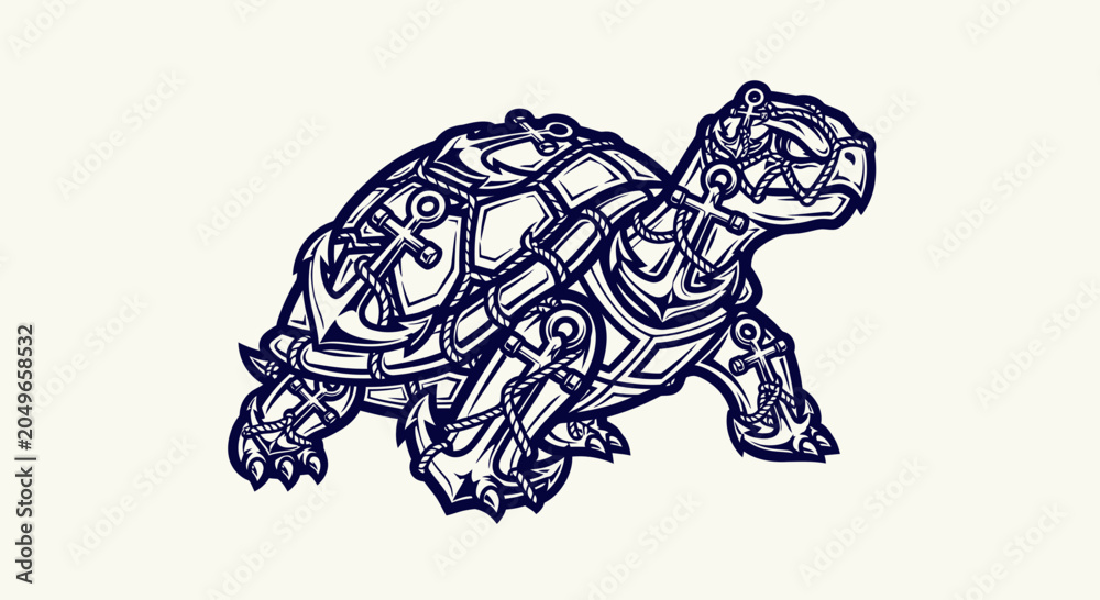 Fototapeta premium Stylized Sea Turtle Vector Illustration with Nautical Anchors and Ropes, Monochrome Animal Graphic for T-shirt Design or Logo