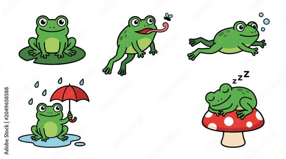 Fototapeta premium Set of pixel art green frogs in various poses like sitting on a lily pad, jumping, swimming, holding an umbrella in rain, and sleeping on a mushroom, cute amphibian characters for game design