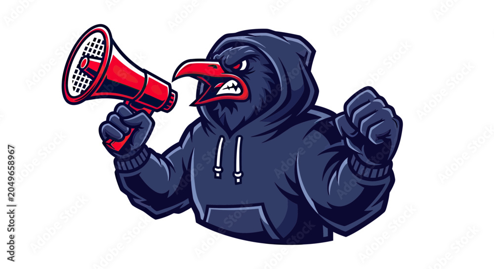 Obraz premium Aggressive Raven Mascot Character in Hoodie Shouting into a Megaphone Vector Illustration