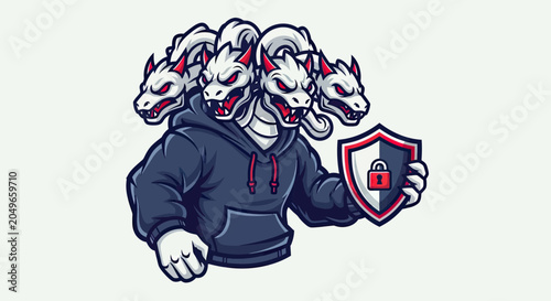 Cyber Security Hydra Mascot in Hoodie Holding a Shield with Lock, Multi-Threat Network Protection and Data Safety Vector Illustration