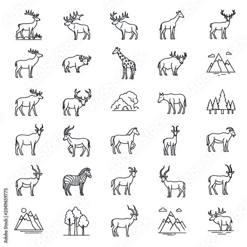 Canvas Print Collection of stylized line art icons representing various wild animals and natural elements
