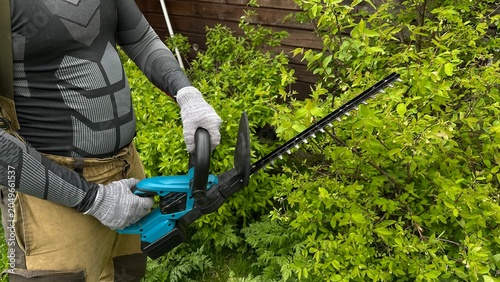 Hands in protective work gloves using a hedge trimmer to shape bushes and a green hedge. Gardening, landscape maintenance, yard work, outdoor care and professional landscaping.