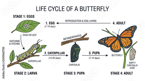Cuadro en lienzo Butterfly Life Cycle Diagram: Egg, Larva, Pupa, Adult Stages