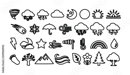 Quadro su tela Minimalist weather icon set, 32 black line meteorology symbols for forecast apps