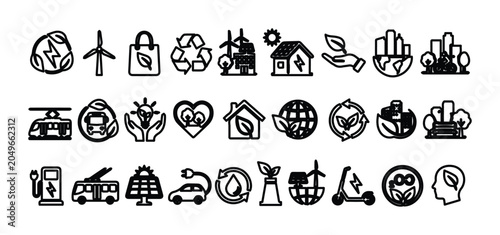 Tableau sur toile Eco friendly line icons set, 30 green energy and sustainability vector symbols,