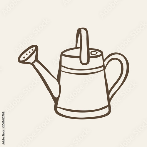 Hand drawn watering can doodle illustration in naive line art style. Cute gardening tool isolated in farm countryside design.