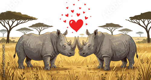 Photography Two Rhinoceros in Love Standing Together in African Savannah with Floating Red H