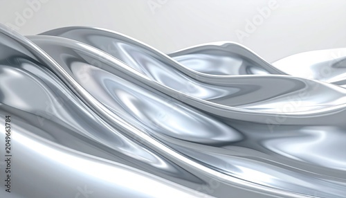 Flowing silvery metallic waves undulate gracefully, reflecting light