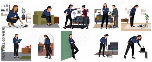 Set of flat illustrations showing a woman dealing with a broken vase, emotional distress, household conflict and sadness