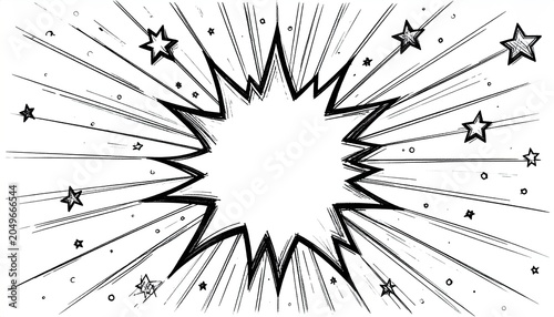 Hand-drawn comic burst with radiating lines and scattered stars