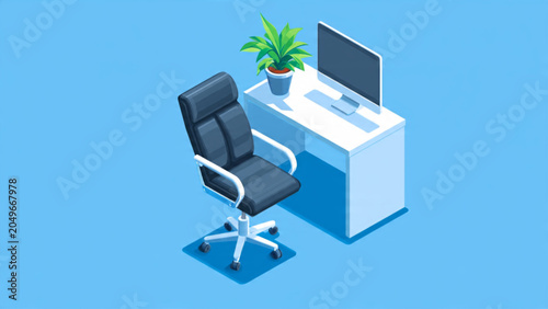 Modern workspace with black office chair white desk computer monitor potted plant in a vibrant blue background