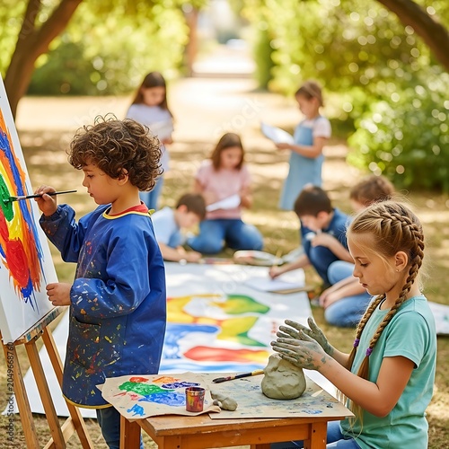 Group of diverse children participating in outdoor art class activities.