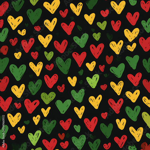Juneteenth seamless pattern with hand-drawn colorful hearts on a dark background. Vector illustration style fabric textile design for African American Emancipation Day celebration.