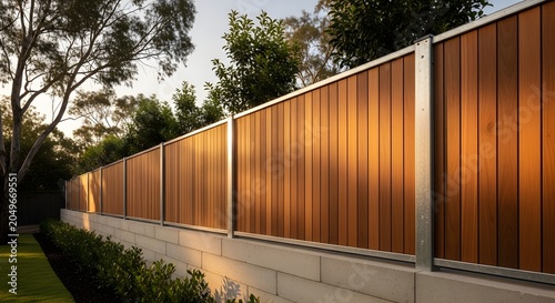 Modern wooden slat fence with metal posts on a low concrete wall in a sunny garden setting.