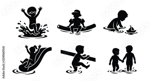 Vászonkép Children Swimming Silhouette Set Black Vector Illustration On White Background