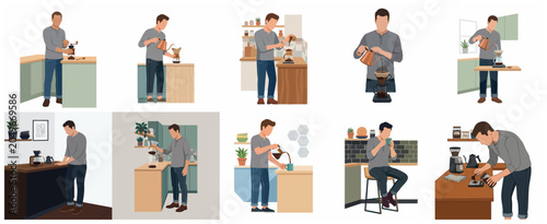 Fotografía Flat vector illustration set of a man brewing specialty coffee at home using manual pour-over methods, grinding beans, and enjoying a fresh cup in a minimalist kitchen