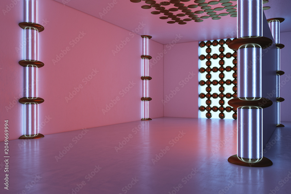 Fototapeta premium Pink interior space with glowing neon columns and geometric decorative elements forming a modern empty gallery environment. 3D Rendering