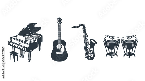 Tableau sur toile Musical Instrument Vector Illustration Set with Piano Guitar Saxophone and Drums