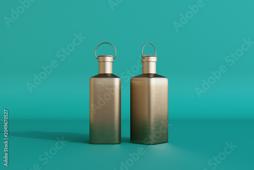 Two metallic drink bottle mockup containers standing side by side on a clean ...