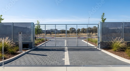 A modern metallic security gate blocking a paved entrance to an undeveloped area under a clear blue sky.