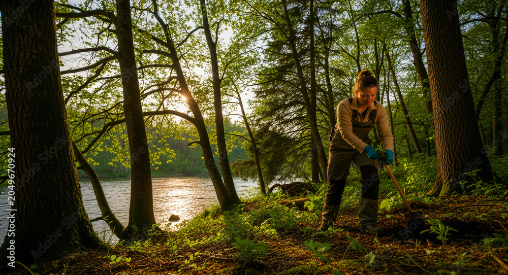 Obraz premium Woman planting a young tree in a forest near a river at sunset. Conservationist in workwear performing reforestation tasks outdoors. Ecology concept for sustainability, conservation, and green.