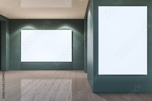 Blank gallery interior with large vertical and horizontal canvas displays on ...