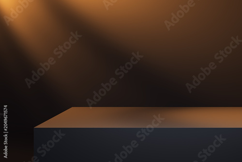 Dark studio podium scene with warm spotlight illuminating empty platform for product placement in modern abstract background setting. 3D Rendering