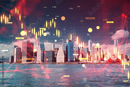 City skyline with financial chart overlay and glowing abstract data elements ...