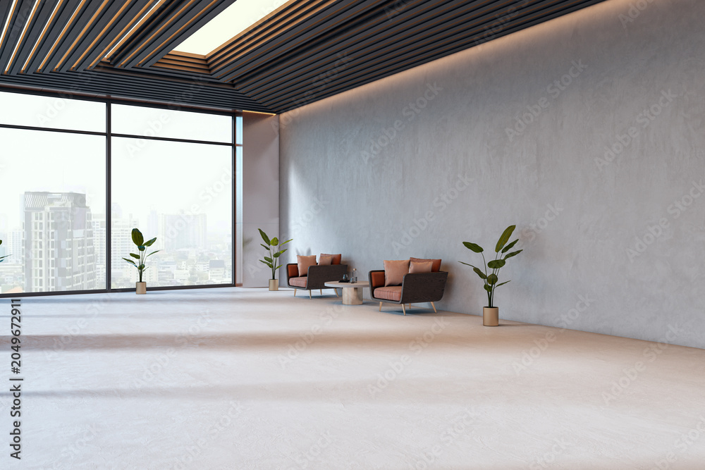 Naklejka premium Spacious modern interior hall with seating area, large windows and city view in contemporary design with bright open space. 3D Rendering