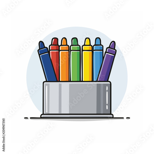 Colorful crayons in a holder, flat design illustration