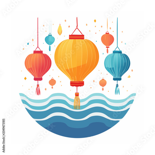 Colorful lanterns floating above wavy water