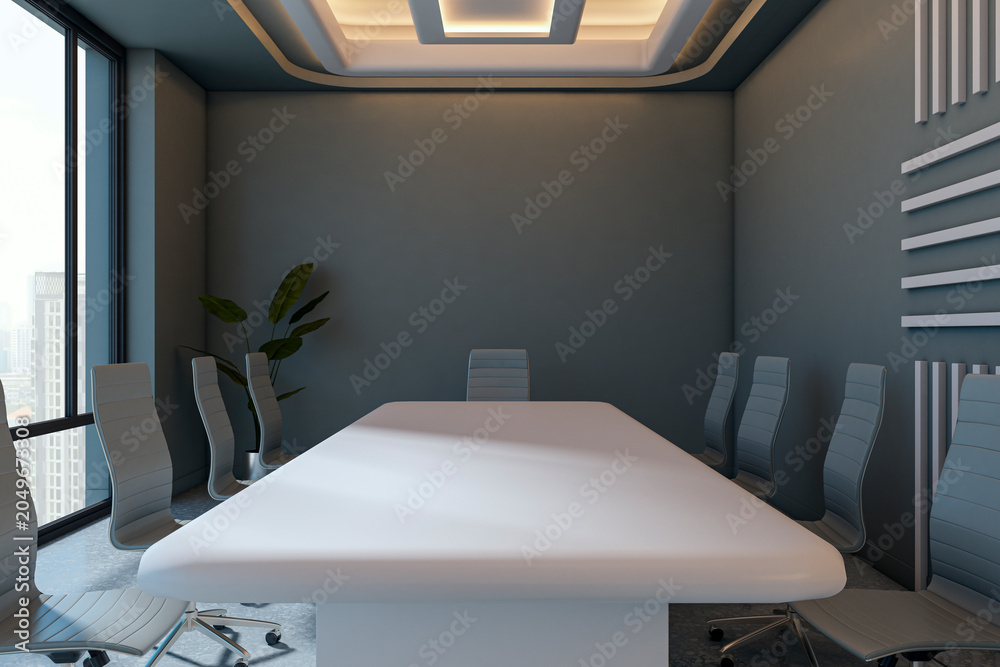 Obraz premium Modern empty corporate conference room interior with long table, sleek chairs, large window and contemporary design details overlooking city skyline. 3D Rendering