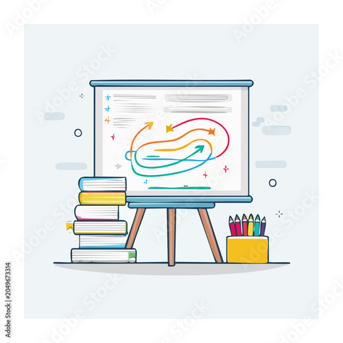 Flat design illustration of a whiteboard with a colorful diagram