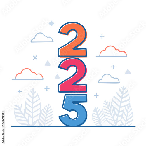 Flat design illustration of the number 225 with clouds and plants