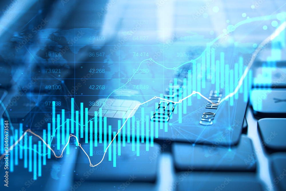 Fototapeta premium Digital finance chart overlay with credit card and keyboard displaying rising global analytics in blue futuristic online banking concept style. 3D Rendering